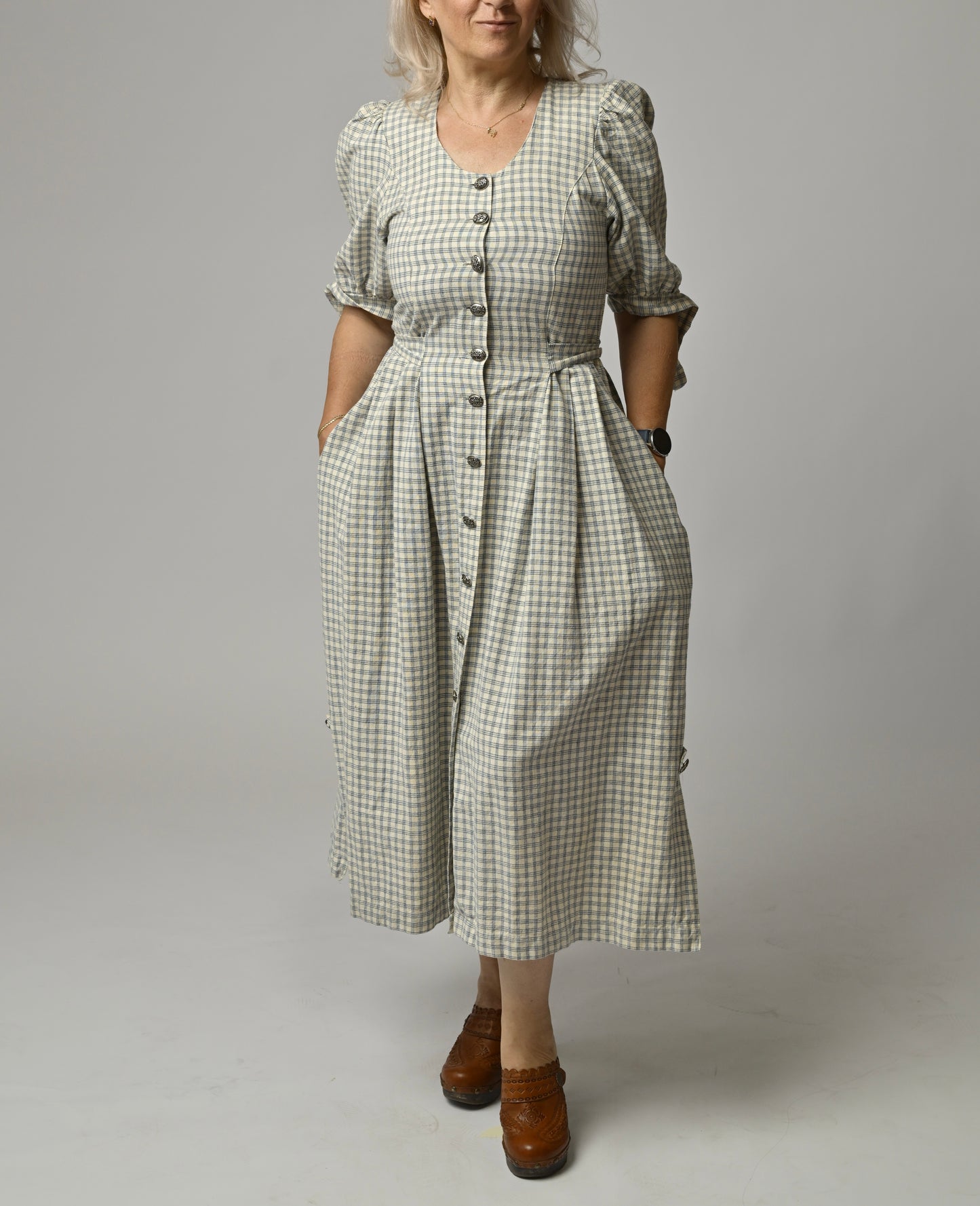 Rochie Vintage Midi din In și Bumbac - Carouri Clasice