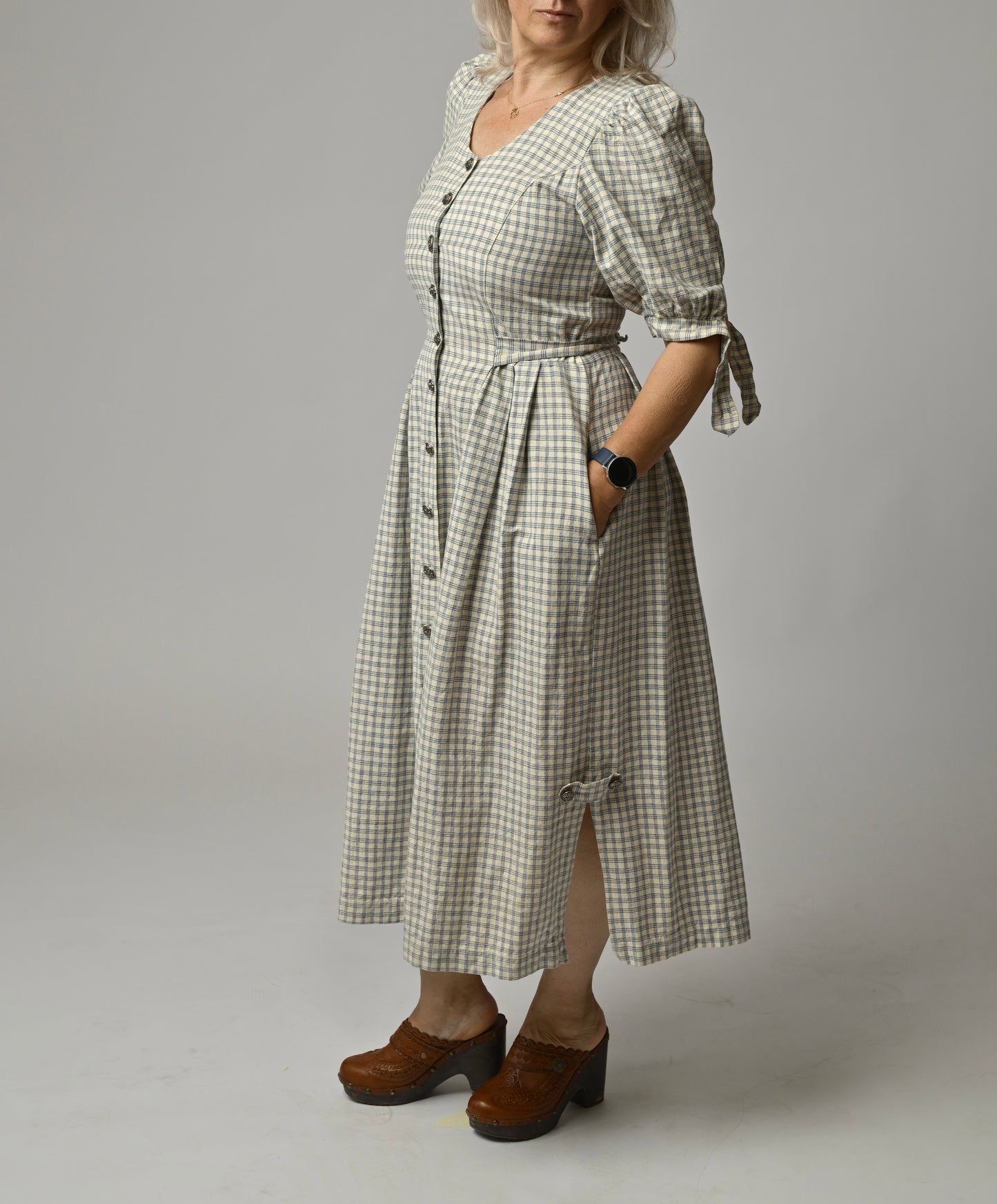 Rochie Vintage Midi din In și Bumbac - Carouri Clasice