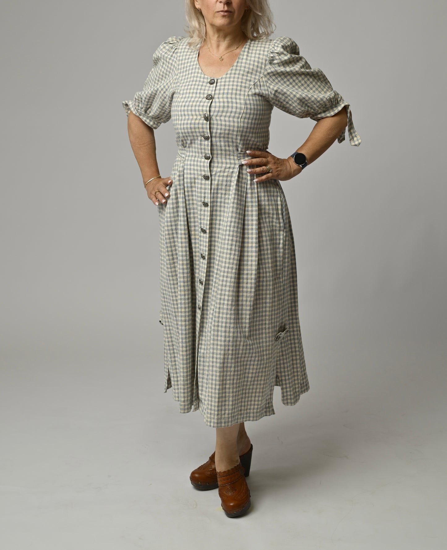 Rochie Vintage Midi din In și Bumbac - Carouri Clasice