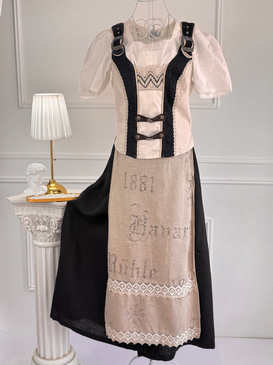 Costum vintage cu fustă din in