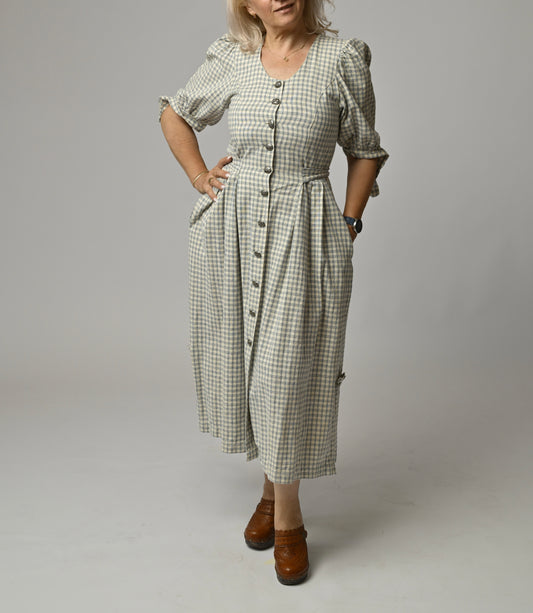 Rochie Vintage Midi din In și Bumbac - Carouri Clasice